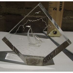LUCITE SAILBOAT paperweight home decor birds diamond shape office desk
